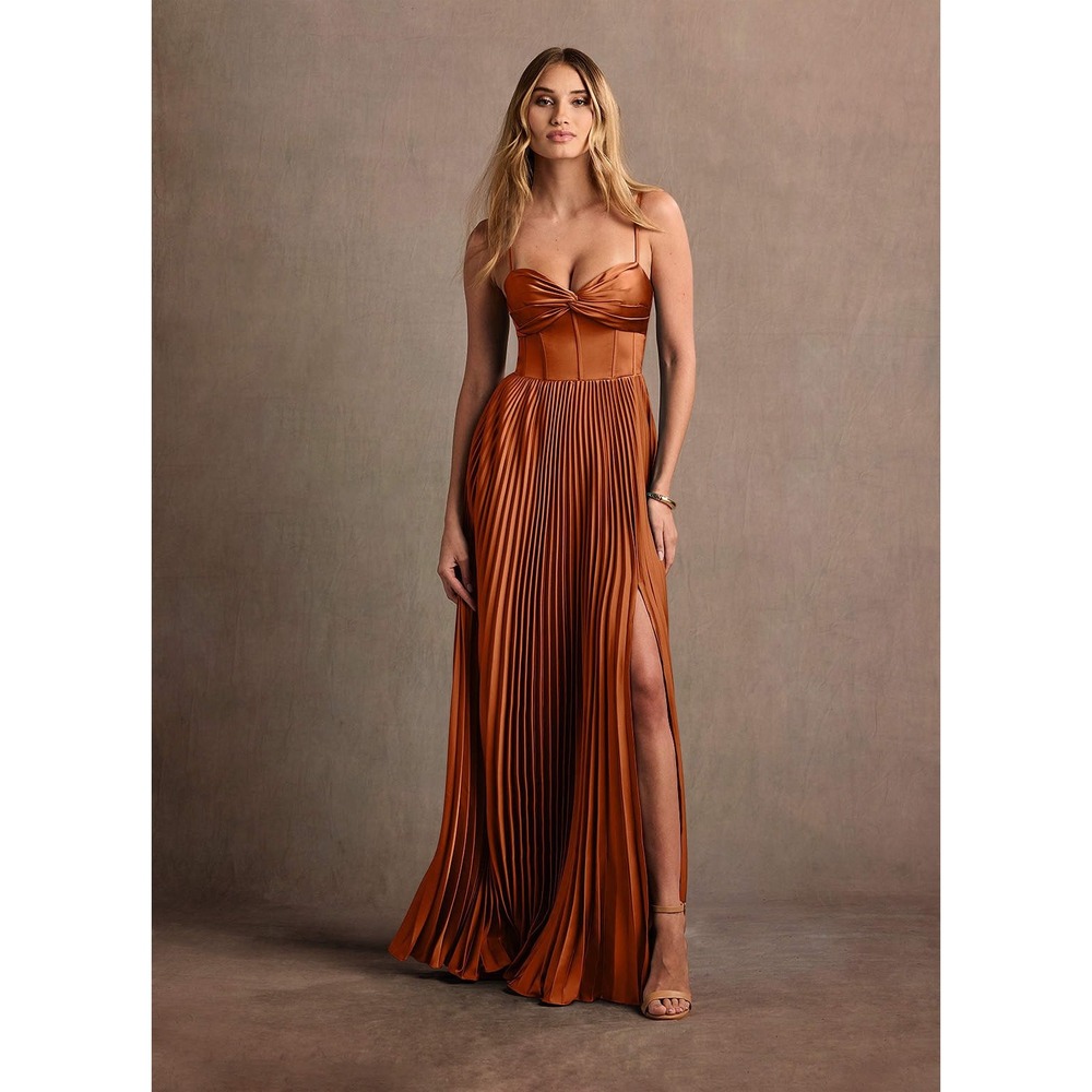 Azazie Atelier Styla Pleated Maxi Dress Spice Satin US 16 Formal Bridesmaid